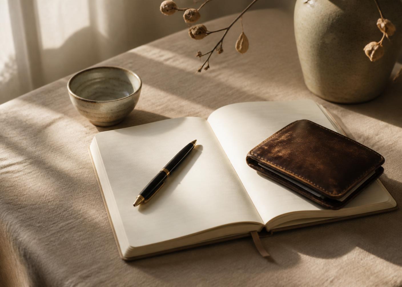 An open notebook, pen, and worn leather wallet on a linen table in morning light